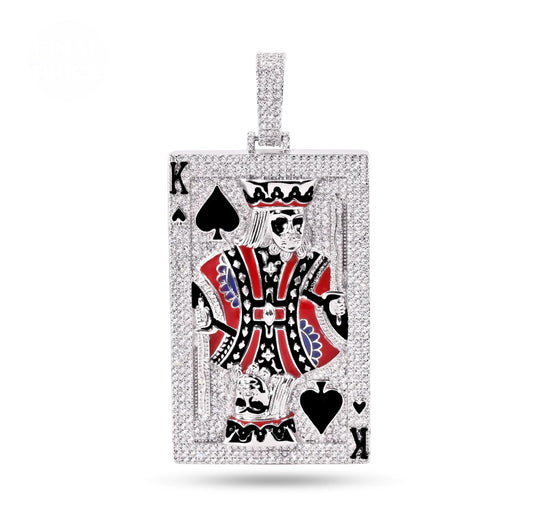 Silver 925 Rhodium Plated King of Spades Clear CZ Black and Red Enamel Pendant
