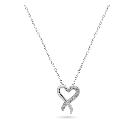 Silver 925 Rhodium Plated Open Overlapped Heart Diamond Necklaces
