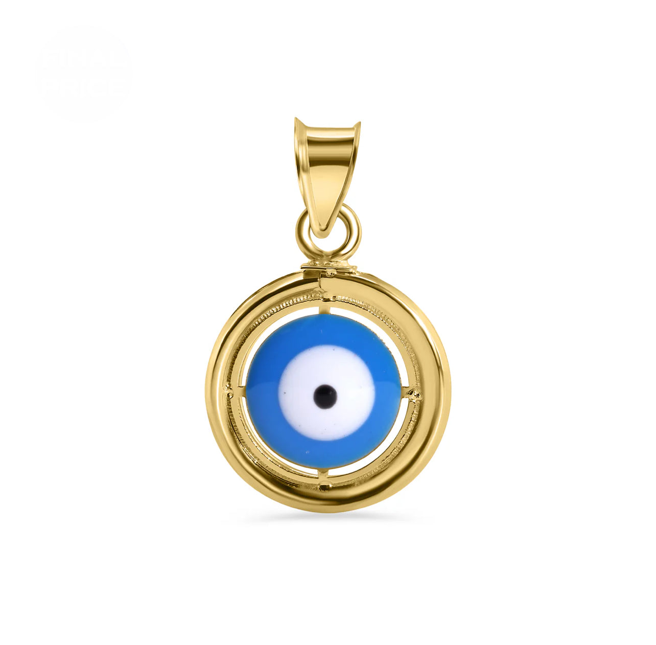 14K Yellow Gold Round Enamel Evil Eye Clear Baguette CZ 13.5mm Pendant