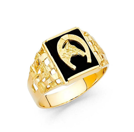 14K Yellow Gold Horse Shoe Onyx Men's Ring