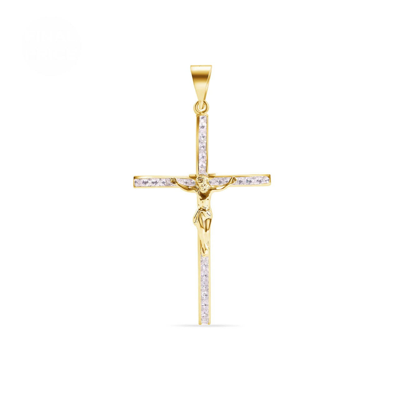 14K Yellow Cross Jesus Christ Studded Clear CZ Pendant