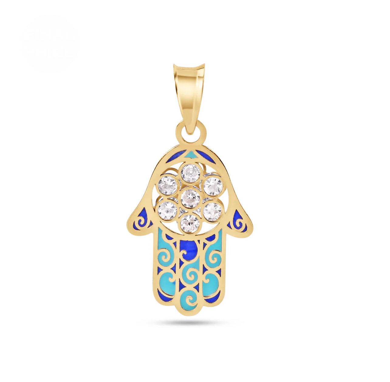 14K Yellow Gold Hamsa Enamel Turquiose and Blue with Clear CZ Pendant