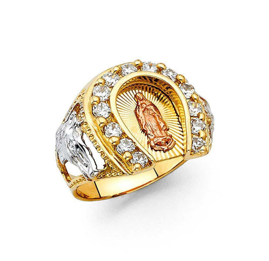 14K Tri Color CZ Horse Shoe Virgen De Guadalupe Men's Ring