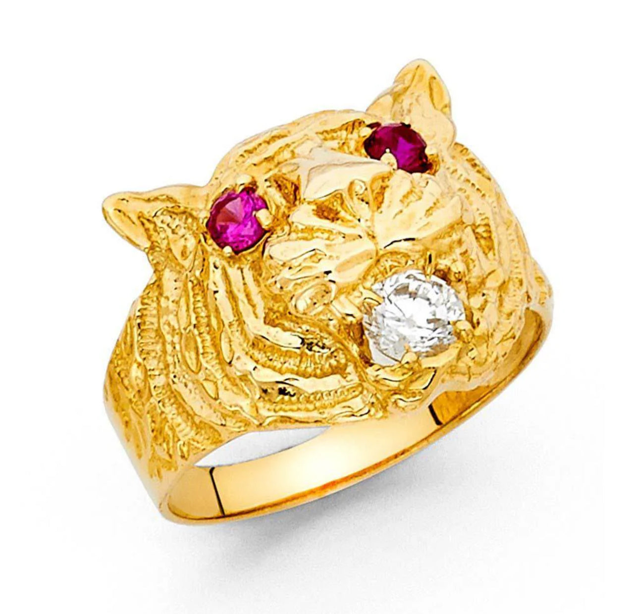 14K Yellow Gold Pink And Clear CZ Tiger Men's Ring