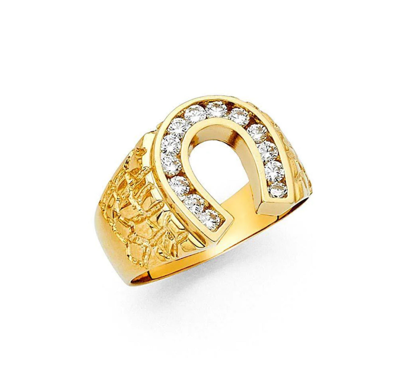 14K Yellow Gold CZ Lucky Horseshoe Men's Ring