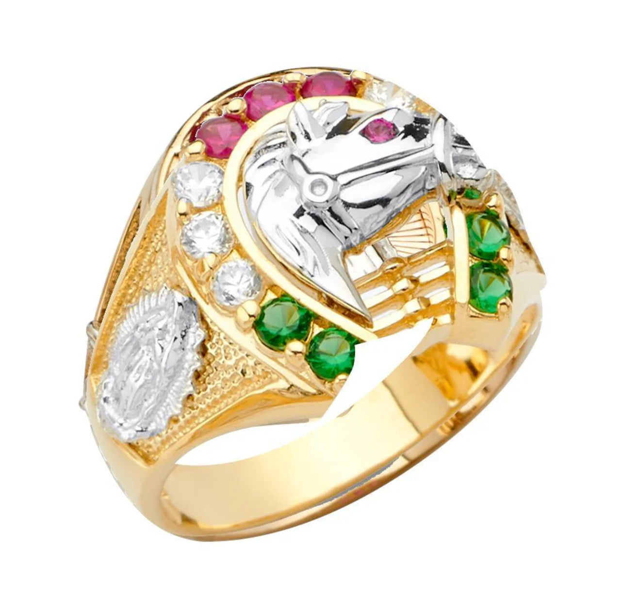 Sterling Silver Virgen De Guadalupe Tri-Color Stones Ring Horseshoe store Men’s Ring