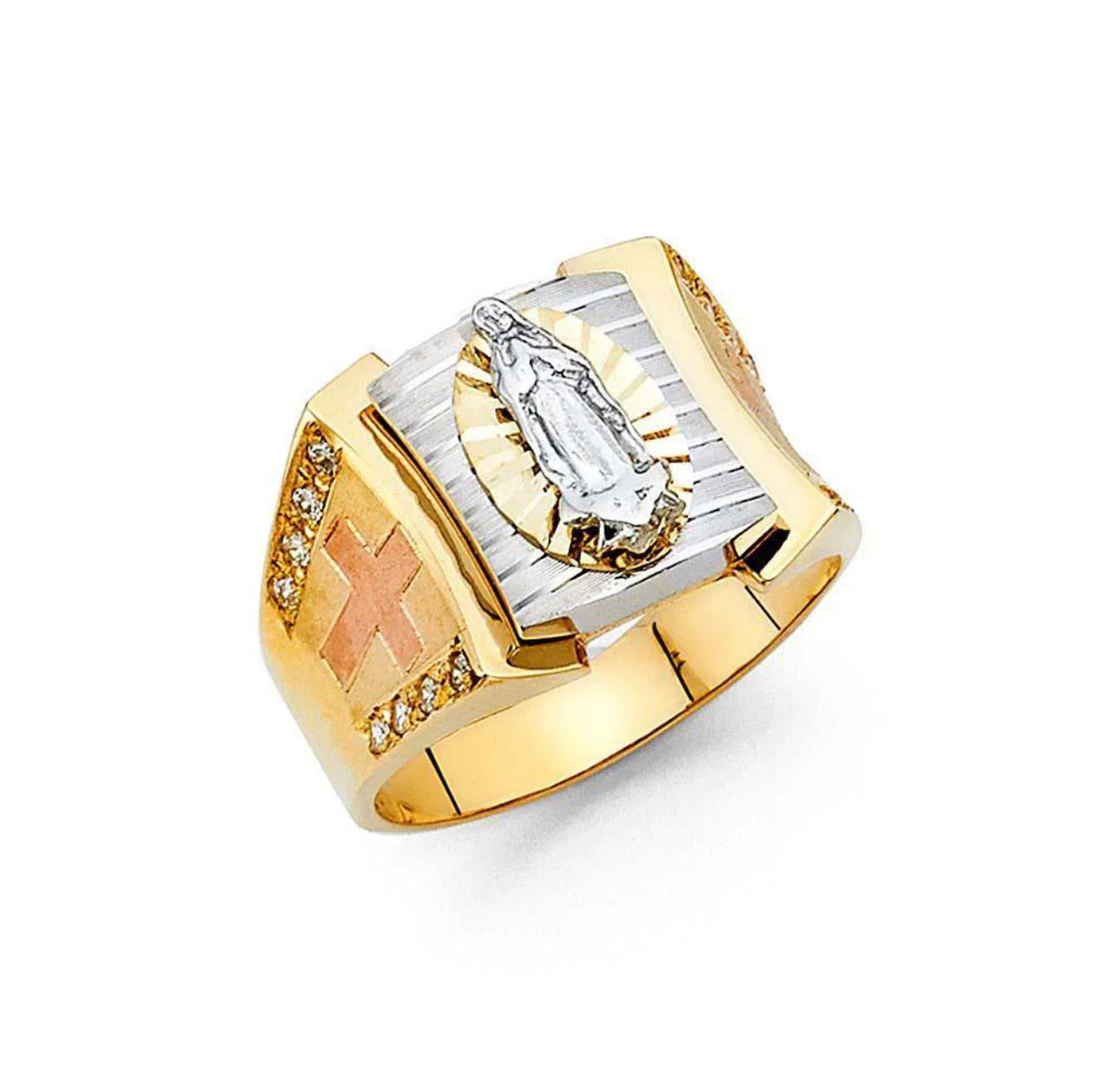 14K Two Tone CZ Virgen De Guadalupe Men's Ring Weight-7.67grams, Width-13mm