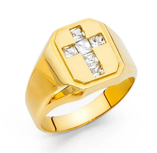 14K Yellow Gold Cross CZ Men's Ring