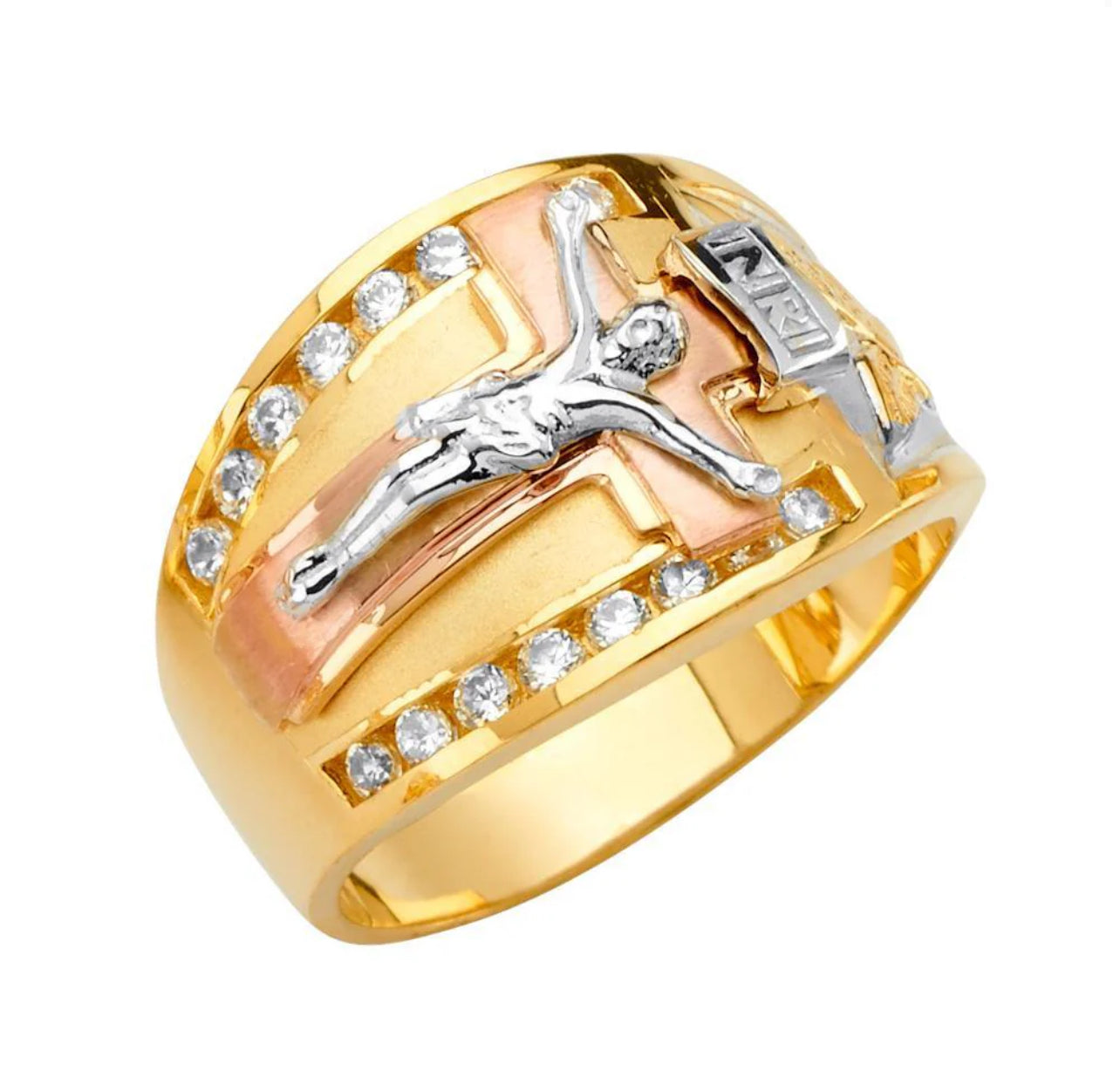 14K Tri Color CZ Jesus Men's Ring