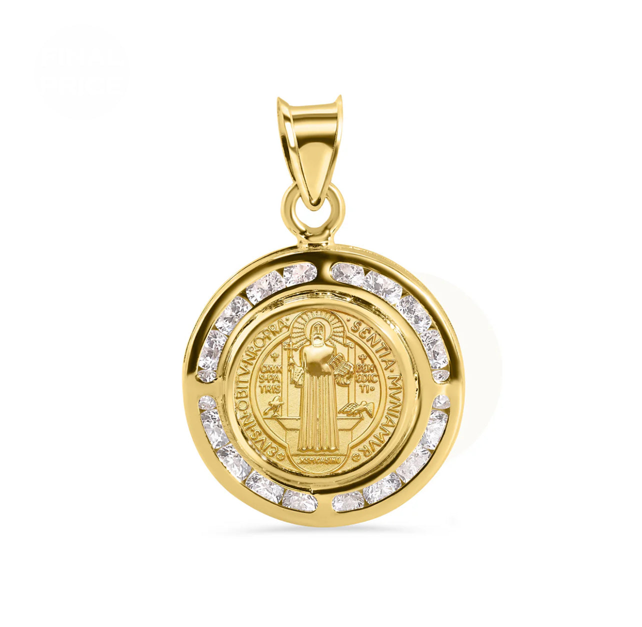 14K Yellow Gold Round Saint Benedict Medal Prayer Clear CZ 16.6mm Pendant