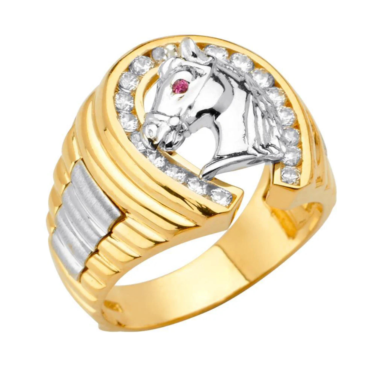 14K Tri Color CZ Horse Shoe Men's Ring Weight-10.53grams