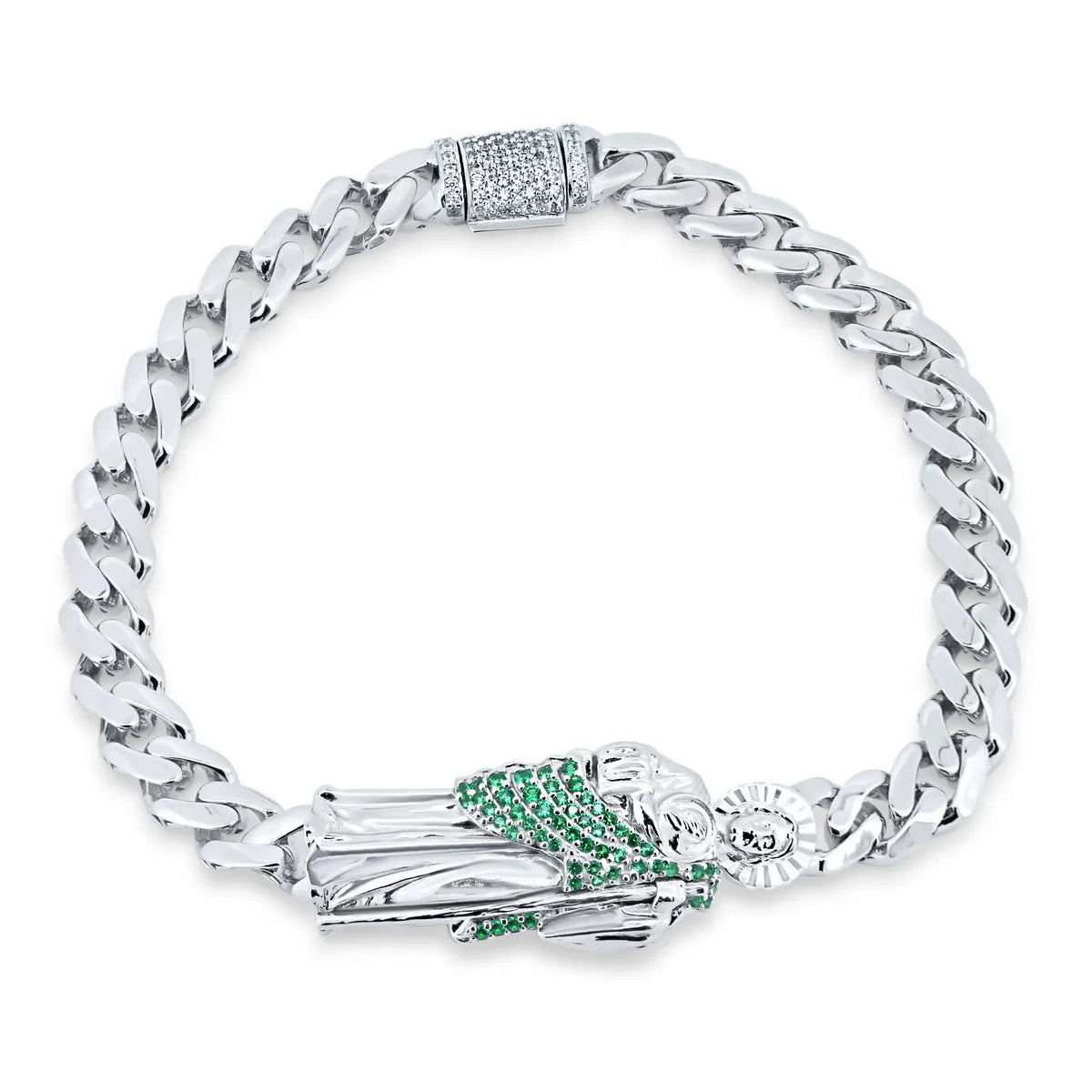 925 Sterling Silver St Jude Green CZ Cuban 7MM Bracelet