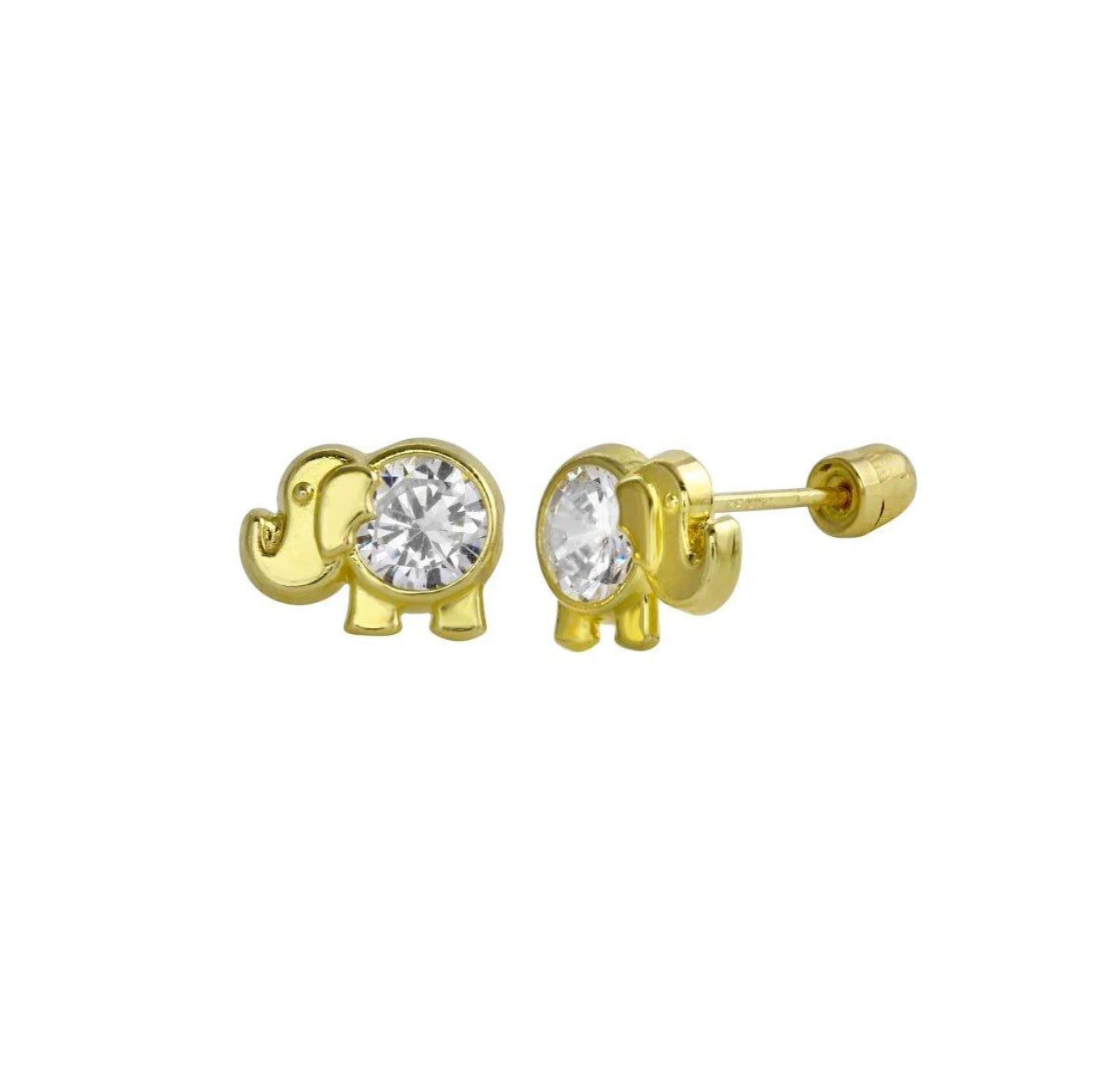 14K Yellow Gold Elephant Screw Back CZ Stud Earrings