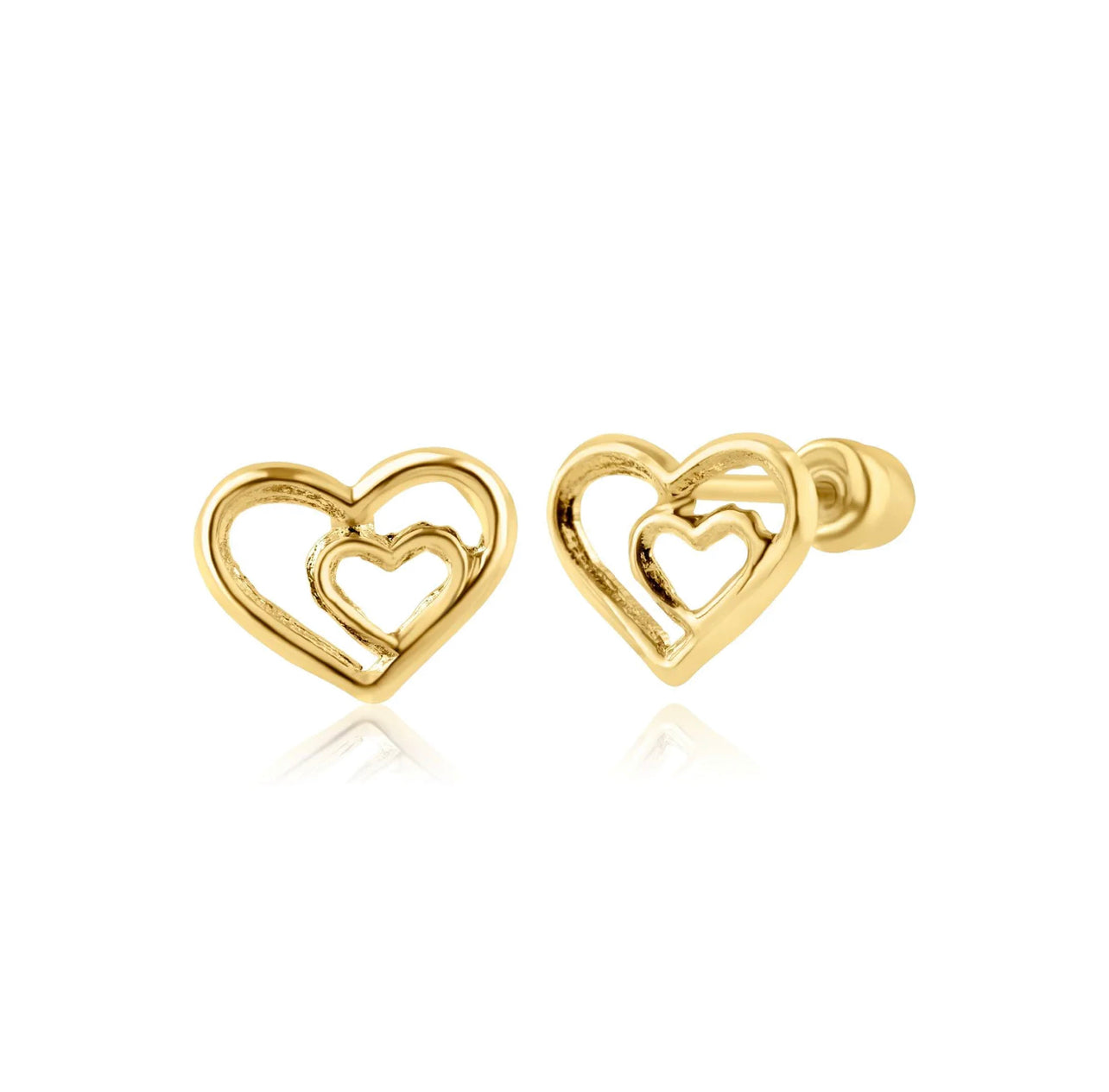 14K Yellow Gold Double Heart Screw Back Earring