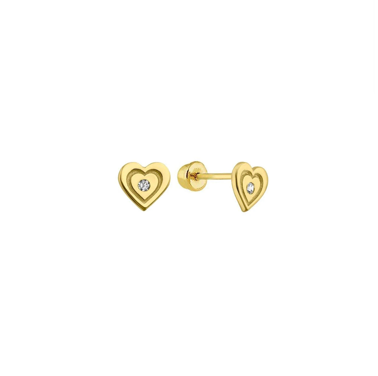 14K Yellow Gold Double Heart CZ Screw Back Stud Earrings