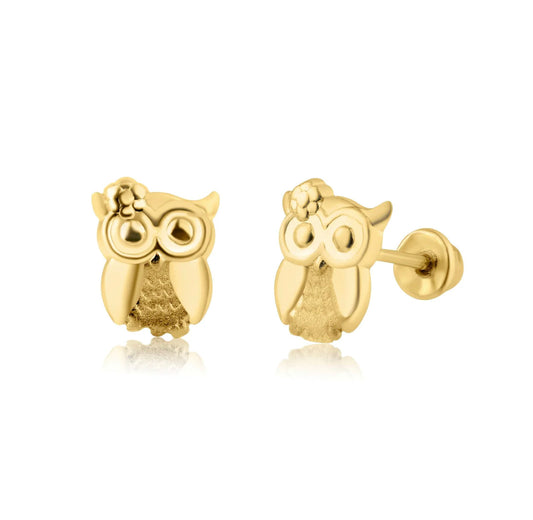 14K Yellow Gold CZ Owl Screw Back Earring