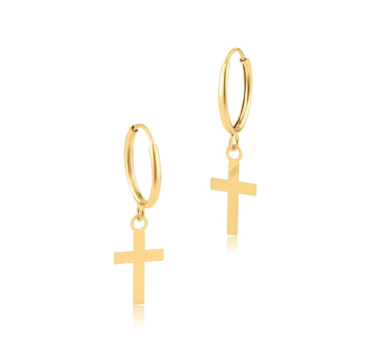 14K Yellow Gold Dangling Cross Huggie Earring