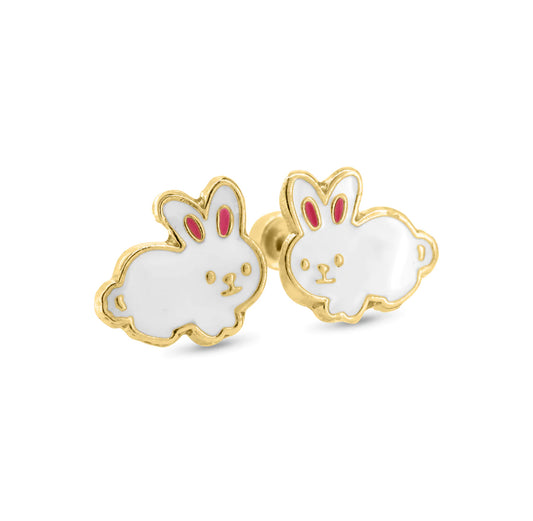 14K Yellow Gold White Rabbit Screw Back Earrings