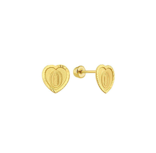 14K Yellow Gold Diamond Cut Heart Lady of Guadalupe Screw Back Stud Earrings