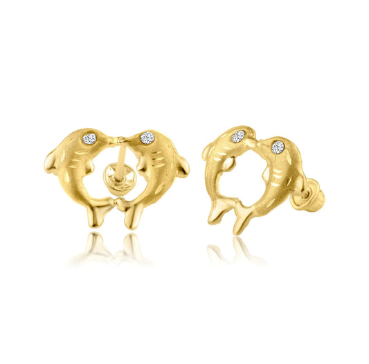 14K Yellow Gold CZ Kissing Dolphin Screw Back Earring