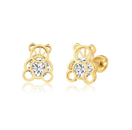 14K Yellow Gold CZ Bear Screw Back Earrings