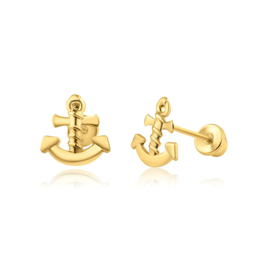 14K Yellow Gold Cross Anchor Screw Back Earring