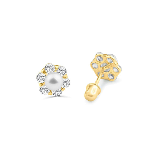 14K Yellow Gold Center CZ Flower Center Pearl Screw Back Stud Earrings