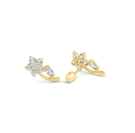 14K Yellow Gold Flower Leaf Clear CZ Screw Back Stud Earrings