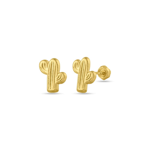 14K Yellow Gold Cactus Screw Back Stud Earrings