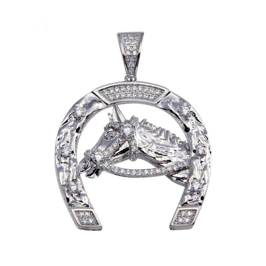 Silver 925 Rhodium Plated Horse and Horseshoe Hip Hop Pendant