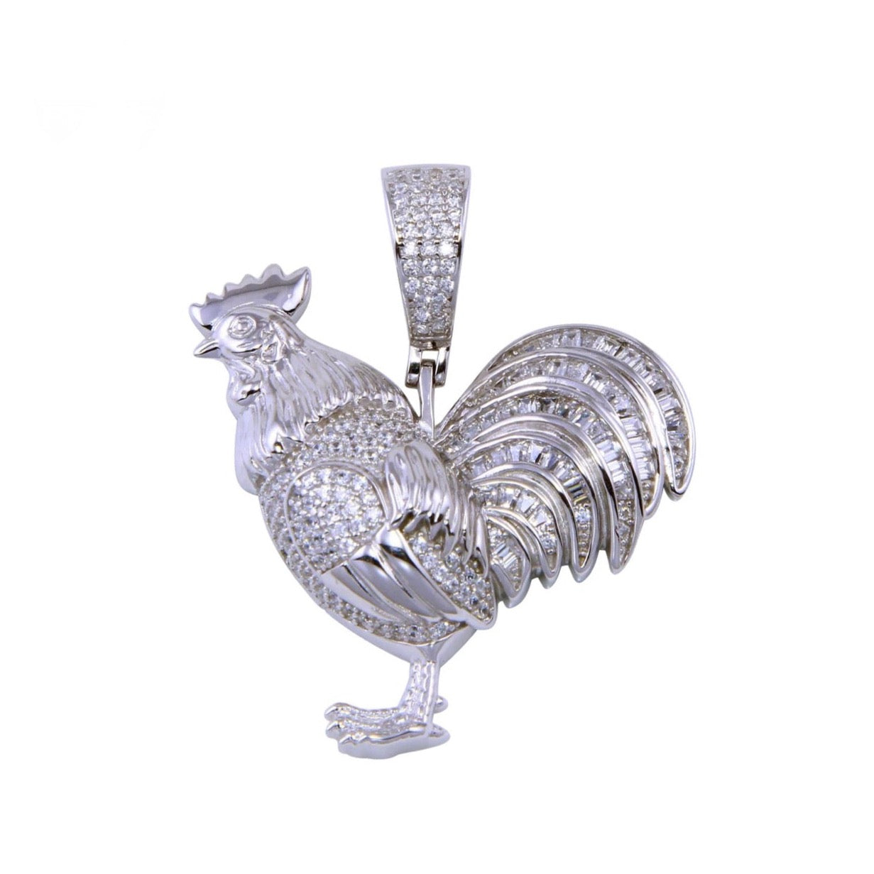 Silver 925 Rhodium Plated CZ Rooster Pendant