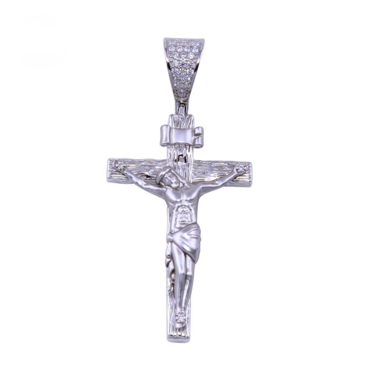 Silver 925 Rhodium Plated CZ Small Wooden Crucifix Pendant
