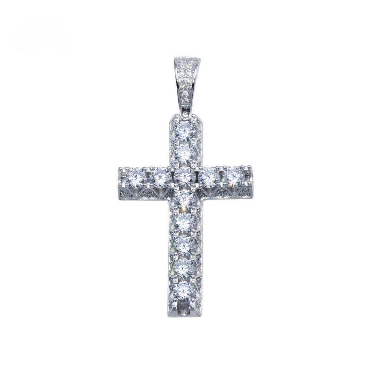Silver 925 Rhodium Plated CZ Crown Cross Pendant
