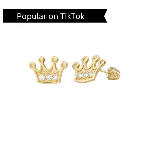 14K Yellow Gold CZ Crown Screw Back Earrings
