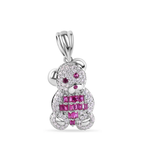 925 Sterling Silver Teddy Bear Red Baguette and Clear CZ Pendant
