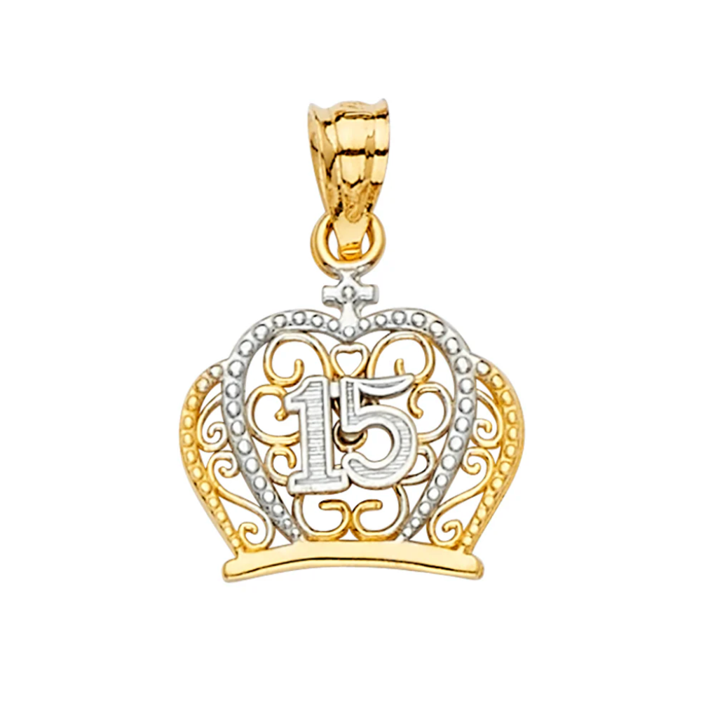 14K Two-Tone 15MM 15 Years CZ Crown Pendant