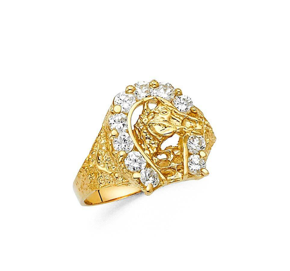 14K Yellow Gold CZ Lucky Horseshoe Men's Ring